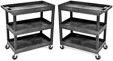 Tubstr 3-Tier Rolling Utility Cart 2-Pack | Each Supports up to 300 lbs. Heavy-Duty Shelf Cart for Garage Storage, Office Spaces, & Kitchen Use | Durable Tool Cart with Locking Wheels (Black, 32 x 18)