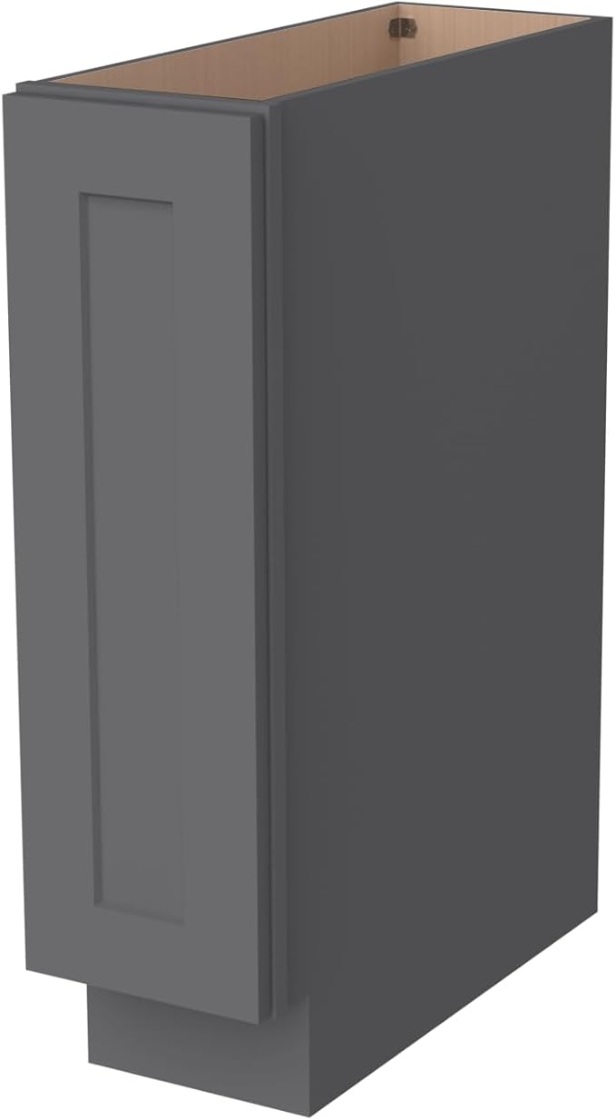 Solid Wood RTA Tray Base Cabinet with Full Height Door & Adjustable Shelf – Shaker Style Kitchen Storage Organizer, Durable Plywood Construction, Easy Assembly 9”W x 24”D x 34.5”H (Pebble Gray)