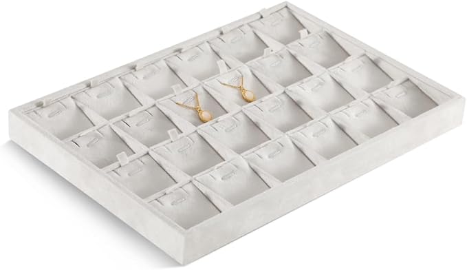 Velvet Necklace Display Tray, Stackable 24 Grid Insert Pendant Necklaces Storage Holder Plate, Jewelry Retail Countertop Organizer (White)
