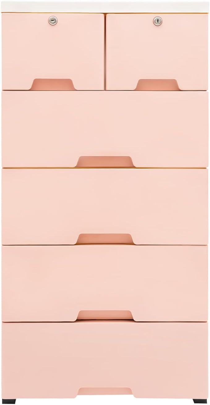 5-Layers Plastic Dresser with 6 Drawers Movable Chest of Drawers Locked Storage Cabinet Craft Organizers and Storage for Bedroom Entryway Hallyway, 19.7’’ W*13.8’’ D*40’’ H (Pink)