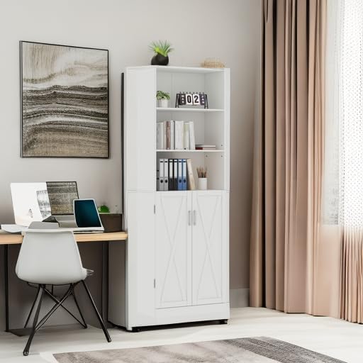 Loomie Industrial Bookshelf with Door, 6 Tier Farmhouse Book Shelf with Adjustable Shelves,70" Tall Display Etagere Bookcase,Floor Standing Unit Book Case Furniture for Home Office,Living Room (White)