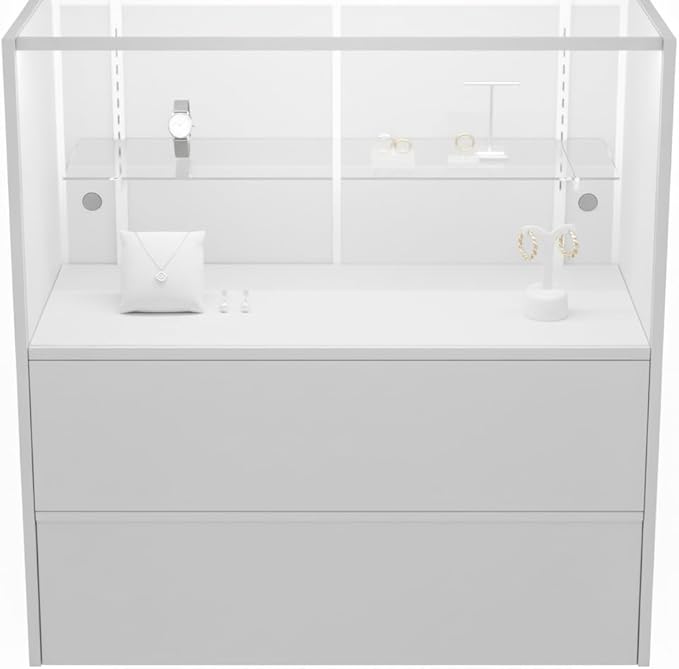 WISDOMFUR 5ft White Display Showcase Cabinet with LED Lighting – Half Vision Retail Glass Display Case, 60" x 18" x 38", Sliding Locking Doors & Storage Shelves