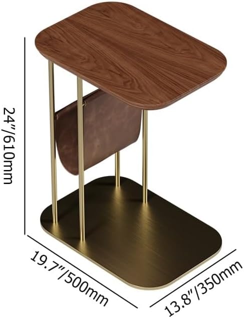 LOVEDIMA C-Shaped Walnut & Gold Rotating Side Table with Storage - 360° Swivel Top,Built-in Magazine Rack,Modern End Table for Sofa/Bedside