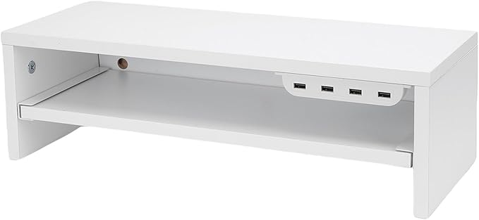 BAFOVY Desktop Monitor Stand Riser with USB Hub and Drawer, 20-Inch Wooden Desk Organizer for Laptop and Computer Screens, 15cm Height Adjustable Solution (Milk White)