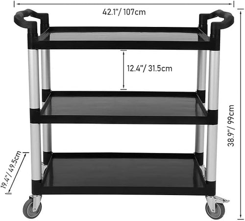 3-Shelf Service Cart，42" Wx20 Dx39 H，360 Lbs Heavy Duty Utility Cart ，Rolling Cart with Lockable 360° Swivel Wheels for Foodservice, Restaurant & Cleaning，Black