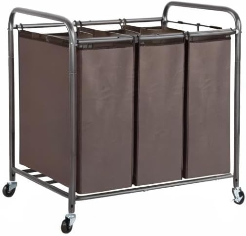 STO STO Laundry Sorter 3 Section, 3 Bag Laundry Hamper, Rolling Laundry Cart, Laundry Basket with Heavy Duty Lockable Wheels and Removable Bag for Clothes Storage, Brown