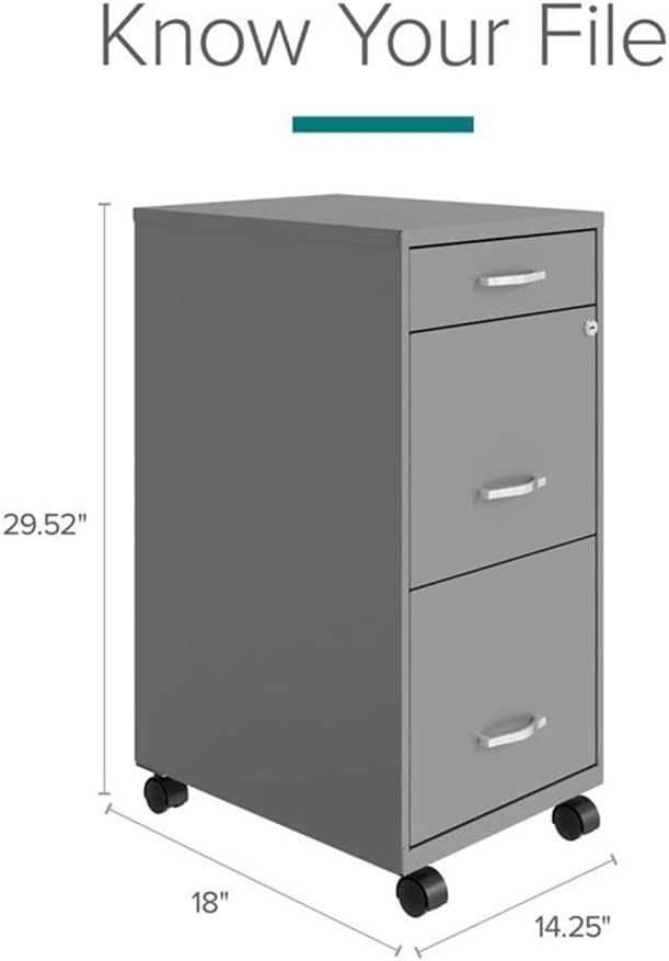 Pemberly Row 3 Drawers 29.52" Vertical Silver Metal Filing Cabinet Lockable Pre-Assembled Movable Legal/Letter Size for Home, Office