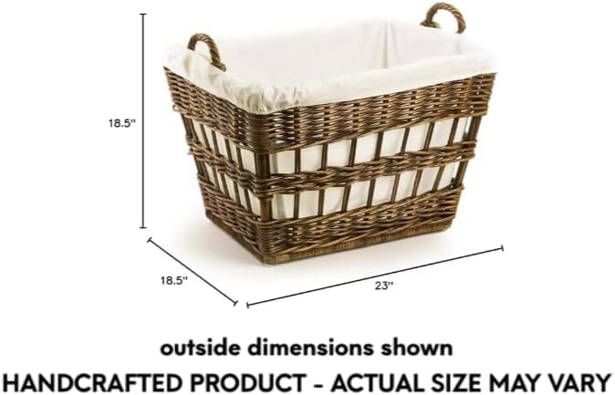 The Basket Lady Wicker French Laundry Basket, 23 in L x 18.5 in W x 18.5 in H, Antique Walnut Brown