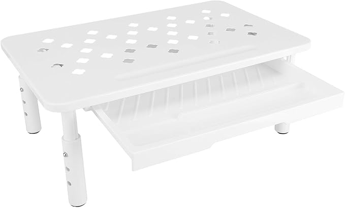 Computer Monitor Stand Riser, Adjustable Height Ergonomic Metal Laptop Stand with Drawer and Ventilation Holes, for Desk Storage Organizer Underneath 20KG Capacity (White)