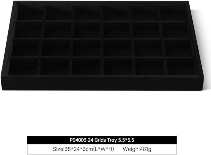 Velvet Stackable Jewelry Display Tray, 24 Grid Earring Ring Storage Tray, Drawer Divider Jewelry Accessories Organizer Plate (Black)