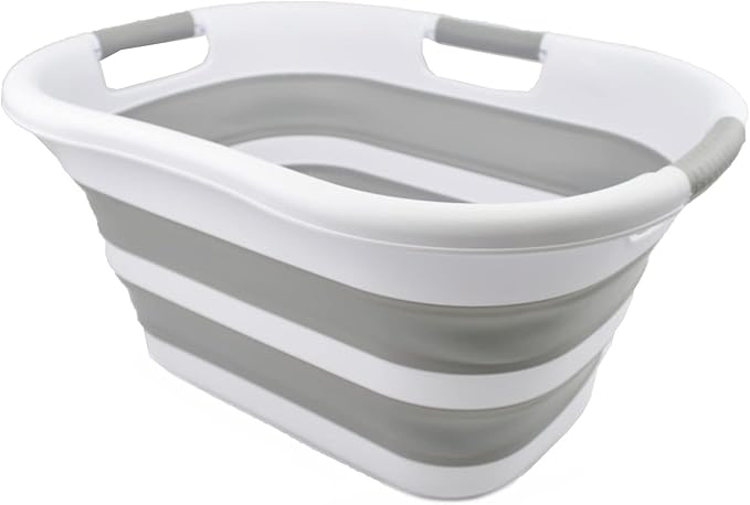 SAMMART 30L (7.9 gallon) Collapsible Plastic Laundry Basket - Foldable Pop Up Storage Container/Organizer - Portable Washing Tub - Space Saving Hamper/Basket (1, White/Grey)