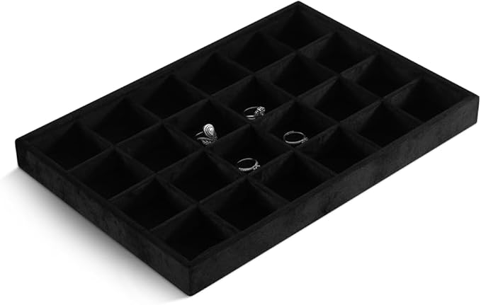 Velvet Stackable Jewelry Display Tray, 24 Grid Earring Ring Storage Tray, Drawer Divider Jewelry Accessories Organizer Plate (Black)