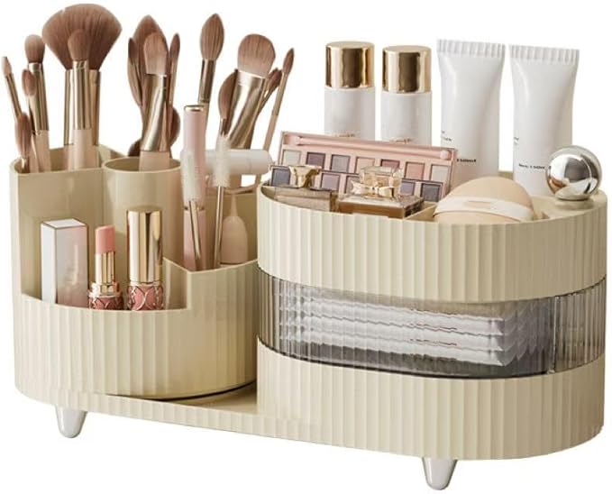 360° Rotating Cosmetic Organizer,3-Layer Display Cabinet With Brush Holder And Drawer,12 x 11 x 4 inches(Cream White)