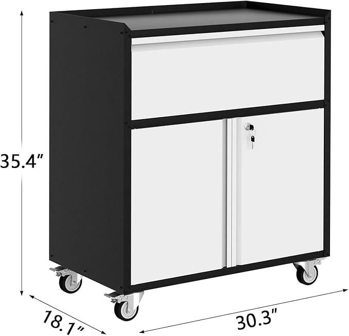 Heavy Duty Metal Garage Storage Cabinet with Lock – 35.4" Tall Rolling Tool Cabinet – Includes Drawer, Adjustable Shelf, 4 Wheels – Secure Utility Cabinet for Home, Office, Workshop – Light Grey &