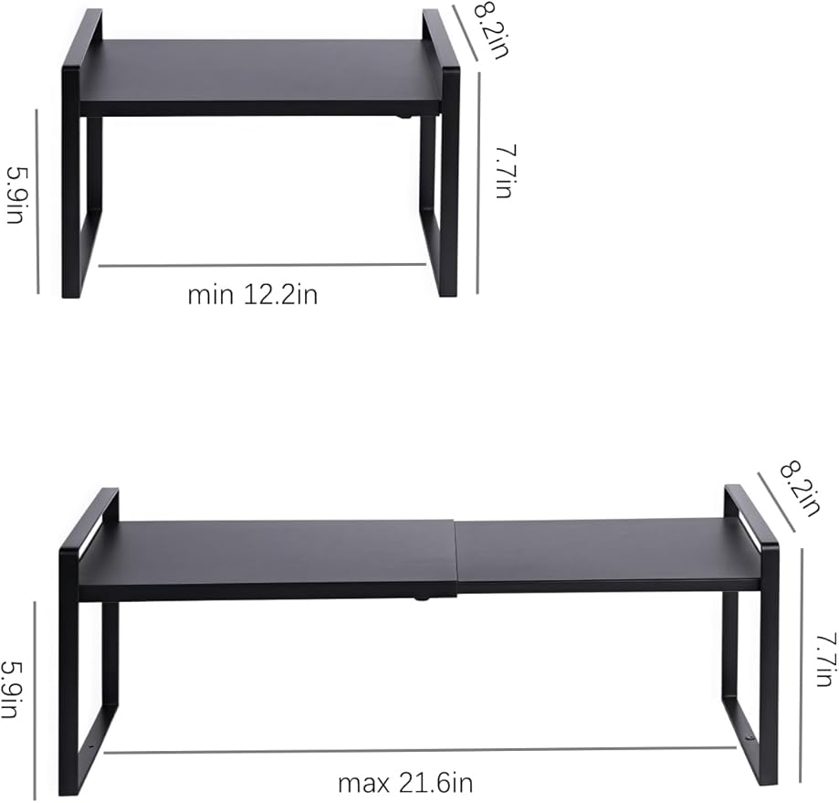 Expandable Cabinet Shelf Organizer Riser for Kitchen Pantry Cupboard Under Sink Countertop (black, 8.2’’D * 12.2-21.6’’W * 7.7’’H)