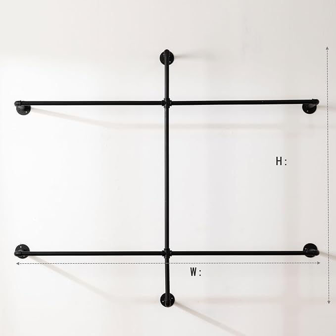Industrial Pipe Clothing Rack - Wall Mounted Garment Rack as Walk-in Closet System. Sturdy Open Wardrobe for Hanging Clothes - Heavy Duty Clothes Rack with Four Hanging Rods for Home