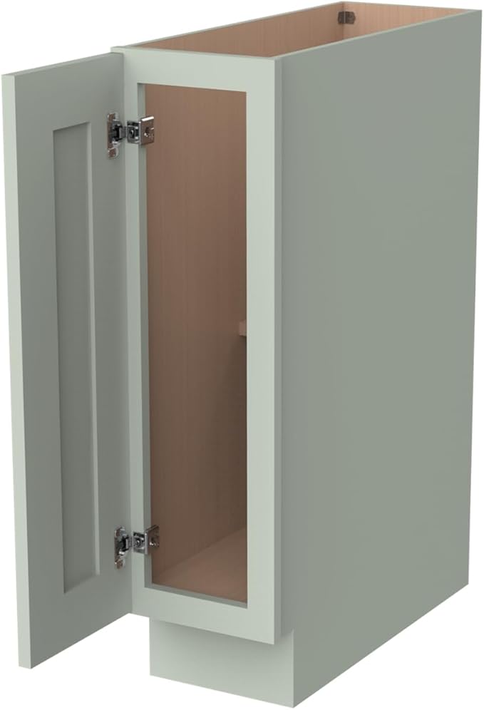 Solid Wood RTA Tray Base Cabinet with Full Height Door & Adjustable Shelf – Shaker Style Kitchen Storage Organizer, Durable Plywood Construction, Easy Assembly 9”W x 24”D x 34.5”H (Jade Green)