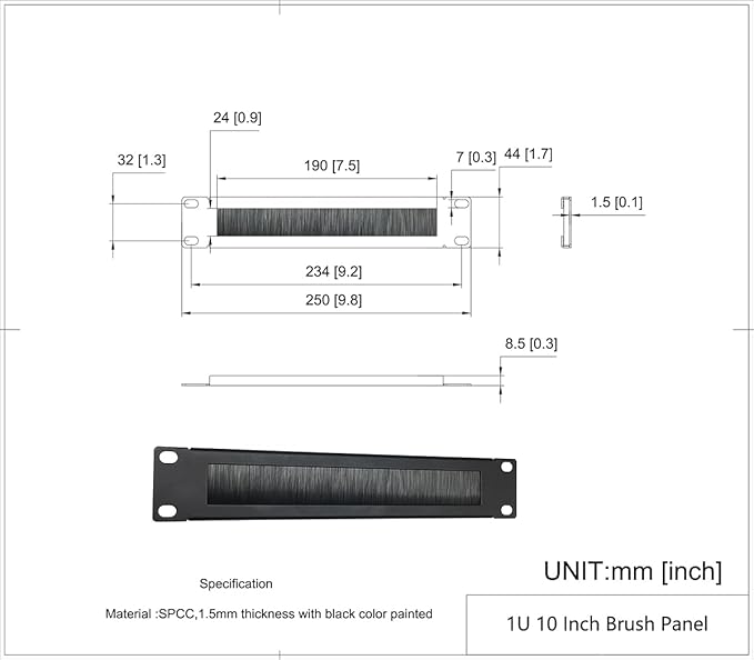 1U Mini 10 inch Brush Cable Management Panel Cable Manager with Brush Strip for Cable Entry in 10 Inch Server Rack, Network Cabinet or Desktop Rack