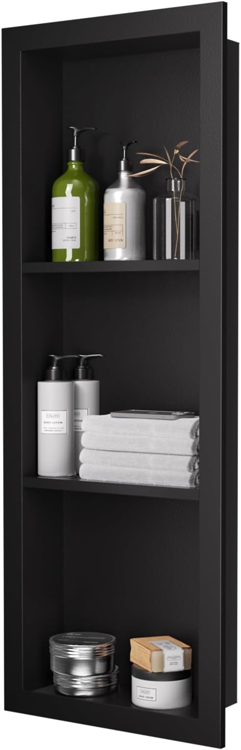 12" x 36" Stainless Steel Shower Niche, 3-Tier Waterproof Shelves, No-Tile Needed Bathroom Organizer, Rustproof Wall Shelf for Shampoo, Soap & Toiletries, Black