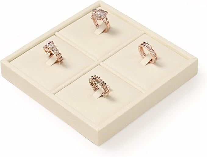 Oirlv Microfiber 4 Slots Jewelry Ring Display Tray Rings Display Organizer Tray(Beige)