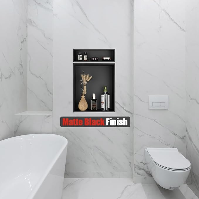 JQK Shower Niche No Tile Need, 4"×14" Matte Black Bathroom Insert Shelf, 304 Stainless Steel Recessed Shower Caddy Organizer Storage, SNL414-PB