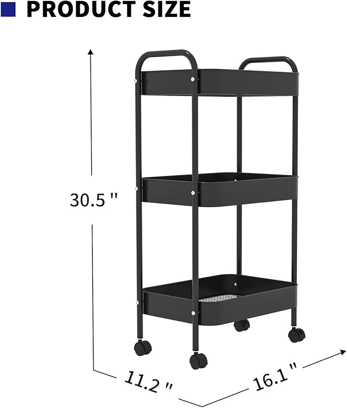 3-Tier Metal Utility Rolling Cart, Multi-Functional Storage Trolley for Office, Living Room, Kitchen, Movable Storage Organizer with Wheels, Black