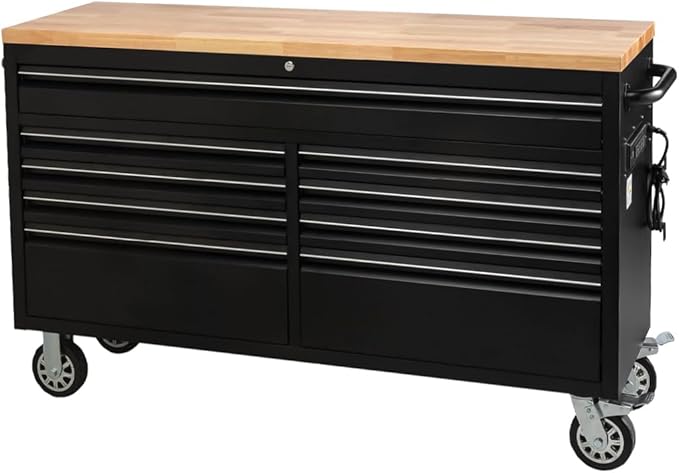 61 Inch Tool Chest, Tool Box Mobile Workbench, 9 Drawers Storage Lockable Rolling Metal Storage Cabinet with 4 Wheels for Garage Workshops Warehouse, Black
