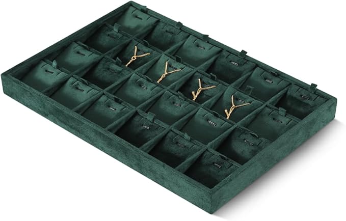Velvet Necklace Display Tray, Stackable 24 Grid Insert Pendant Necklaces Storage Holder Plate, Jewelry Retail Countertop Organizer (Green)