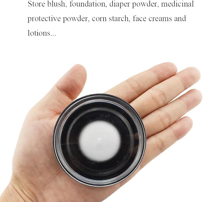 HAHIYO Empty Travel Compact Case Makeup Cosmetic Jar Refillable Powder Box No Leak Holder with Elastic Mesh Sifter and Black Lid, 2Pcs 10ml/0.34oz