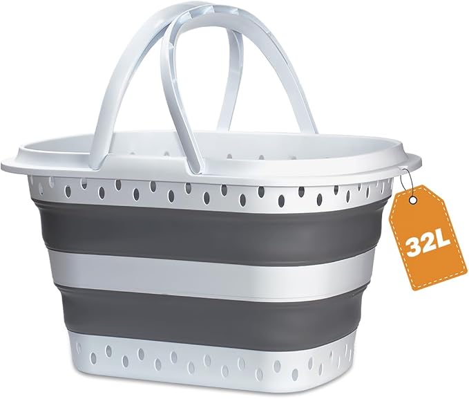 Collapsible Plastic Laundry Basket with Handles, 32L Foldable Large-Capacity Laundry Hamper, Pop Up Storage Organizer, Space Saving Hamper (32L / 8.45 Gallon, Grey)