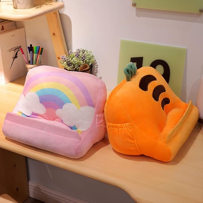 Dpofirs Pillow Tablet Stand, Soft Plush Tablet Holder with Storage Pockets for Kids, Compatible with pads Tablet Phone, Sturdy Fluffy Cushion for Home Travel School Birthday Christmas (orange)