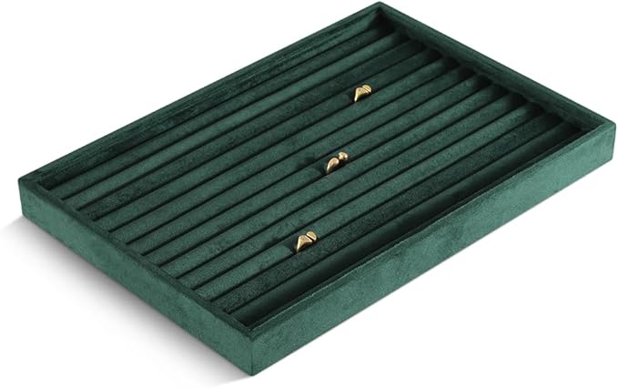 Velvet Ring Display Tray, Stackable Muilt Slot Rings Ear Stud Storage Tray, Drawer Insert Jewelry Accessories Organizers Plate (Green)