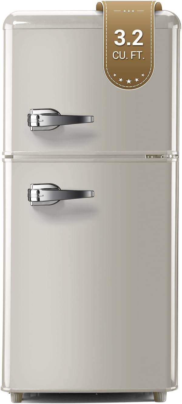 Retro Mini Fridge, 3.2 Cu. Ft. Small Refrigerator with Freezer Retro Style with 7-Level Adjustable Thermostat, Compact Vintage 2-Door Fridge for Apartments, Dorm, Office, Cream