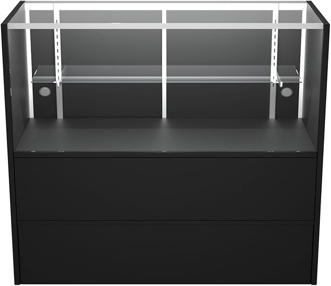 WISDOMFUR 4-Foot Display Showcase with LED Lighting – 48" L x 18" W x 38" H, Adjustable Glass Shelf, Locking Sliding Doors, Melamine Finish – Black Retail Display Cabinet