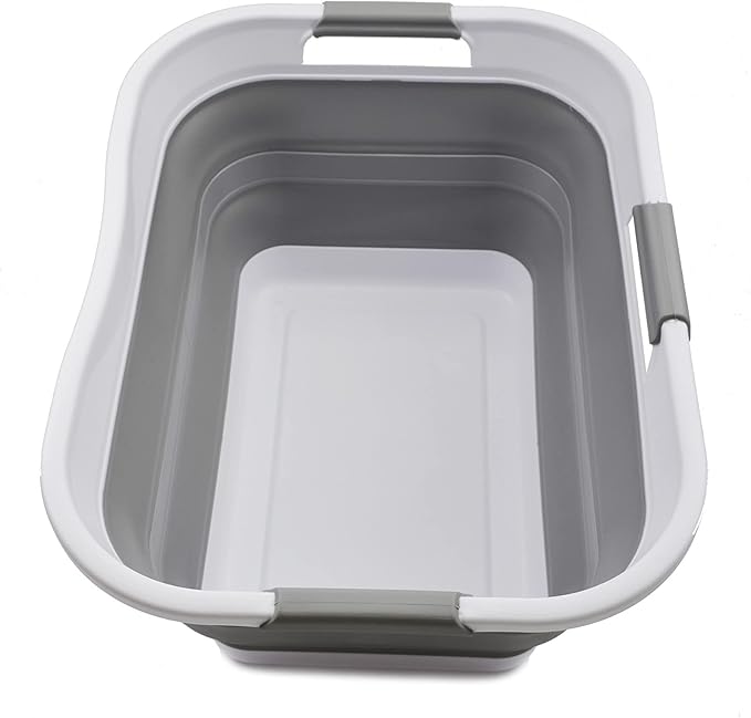 SAMMART 30L (8 gallon) Collapsible Plastic Laundry Basket - Foldable Pop Up Storage Container/Organizer - Space Saving Hamper/Basket - Water Capacity 24L(6.3 gallon) (1, White/Grey)