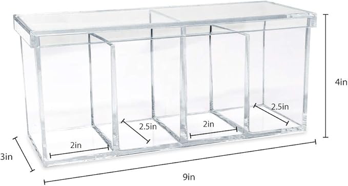 Isaac Jacobs 2-Pack 4-Compartment Clear Acrylic Organizers with Lid (9” L x 3” W x 4” H), Makeup Brush Holder, Sectional Tray, Storage Solution for Makeup, Crafts, Office Supplies & More (2, Clear)
