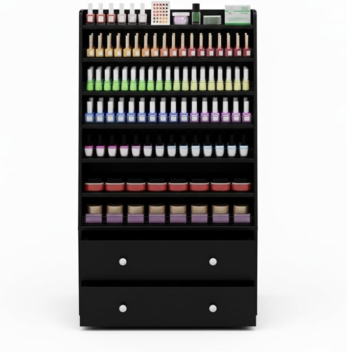 Nail Polish Rack with 2 Drawers, Salon Display & Storage Cabinet with Acrylic Baffle, Holds 700+ Bottles of Polishes, Essential Oils & Perfumes, Suitable for Nail Salon & Beauty Store, Black