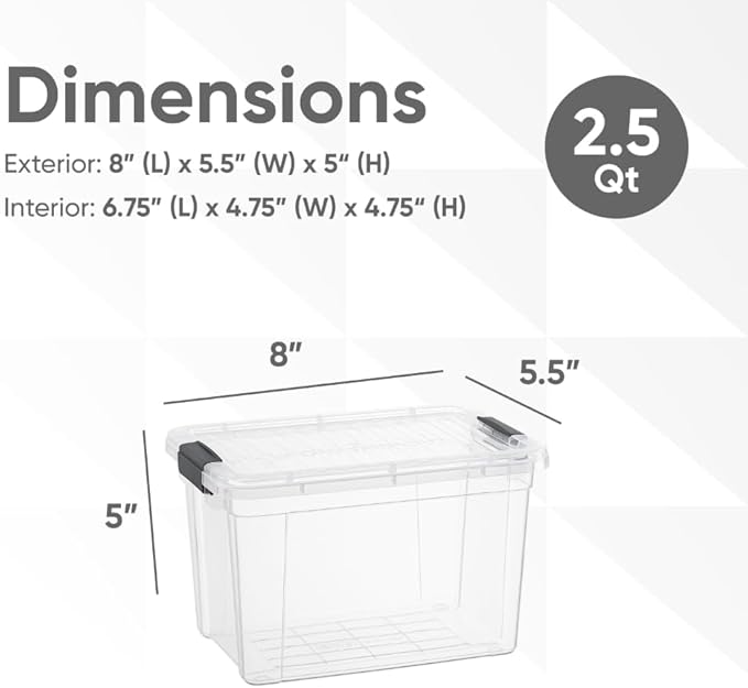 Superio Clear Storage Boxes with Lids, 2.4 Quart Plastic Container Bins for Organizing, Stackable Crates, BPA Free, Non Toxic, Odor Free, Organizers for Home, Office and Dorm,