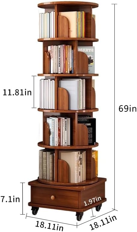 Rotating 360° Corner Bookshelf, 6-Tier Wood Bookcase with Wheels, Space-Saving Narrow Organizer for Bedroom, Living Room, and Study, Walnut Brown