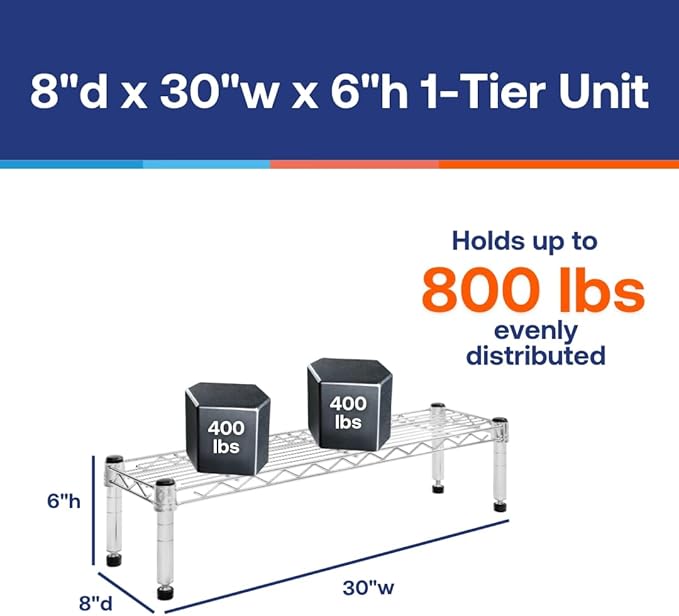 Shelving Inc. 8" d x 30" w Chrome Wire Shelving with 1 Tier Shelf, Weight Capacity 800lbs Per Shelf