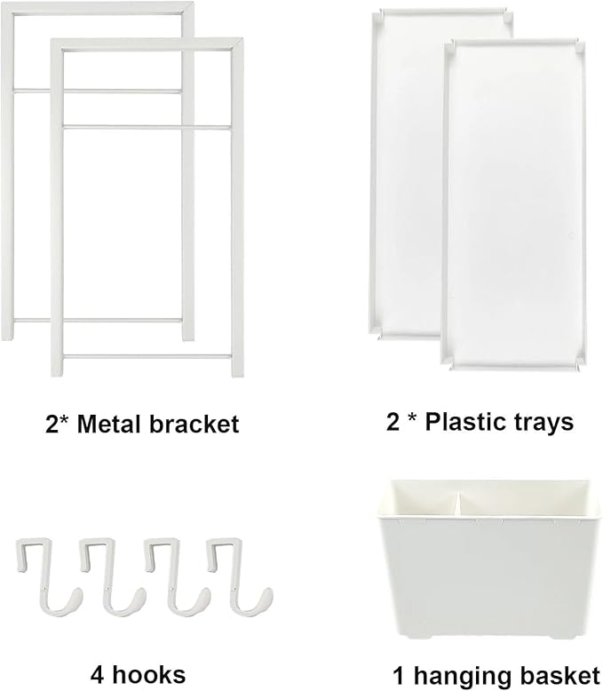 Bathroom Organizer with Basket & Hooks, 2 Tier Bathroom Organizers and Storage for Perfume, Cologne or Spice, White Countertop Organizer for Vanity, Kitchen, Office or Under Sinks
