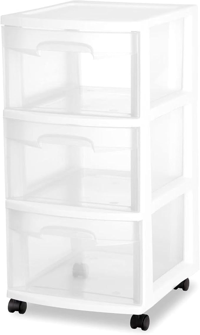 3 Drawer Rolling Plastic Storage Cart with Large Durable Clear Drawers and Removable Wheels, Suitable for Bedroom, Dormitory, Closet, Kitchen and Office (WHITE)