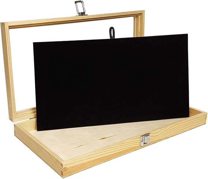 MOOCA Wooden Jewelry Display Case, Jewelry Organizer Case with Tempered Glass Top Lid & Removable Black Luxurious MDF Velvet Jewelry Display Pad, Natural Wood Colo