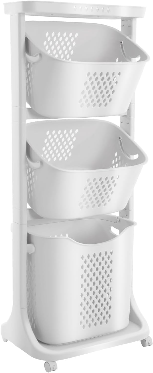 3 Tier stackable Laundry Basket Sorter Portable Rolling Cart Clothes Storage Porous Design With Wheels For Clothes Toiletries Bathrooms Laundry Rooms Bedrooms White