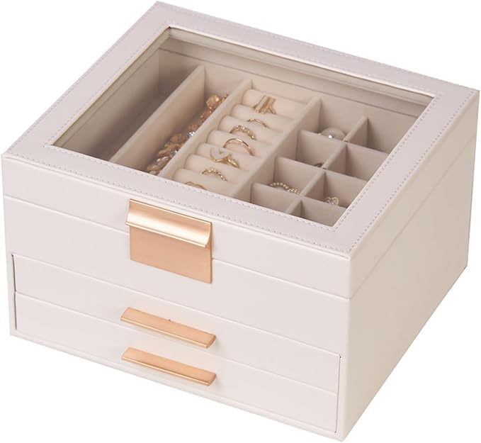 Jewelry Box Organizer with Glass Lid, 3-Layer Jewelry Storage, with 2 Drawers, Modern Style, 8 x 9.1 x 5.3 Inches (White)