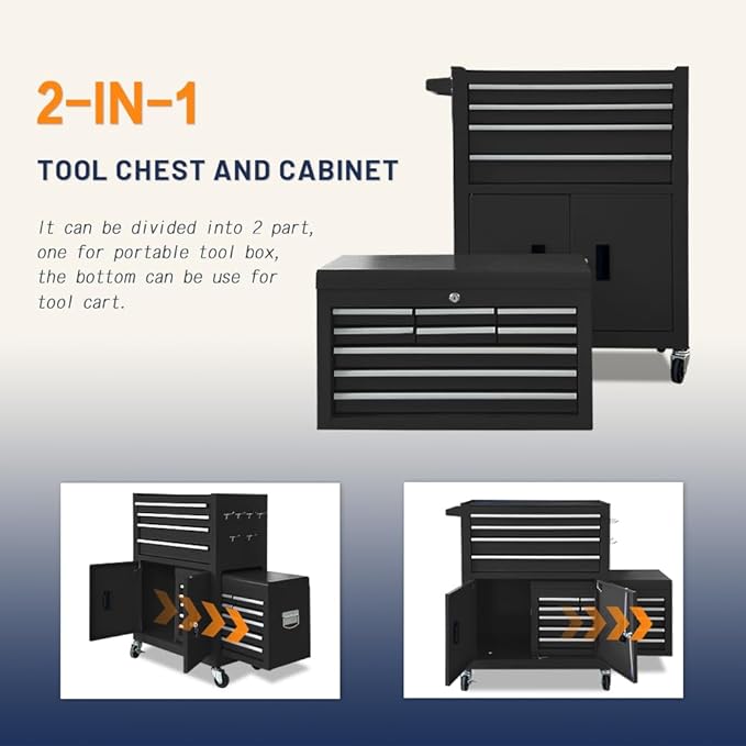 13-Drawer Double Door Rolling Tool Chest, 2 in 1 Detachable Tool Chest,Tool Box with Drawers and Wheels, Large Tool Cabinet with Lock, Metal Standing Toolbox for Garage Workshop-Black