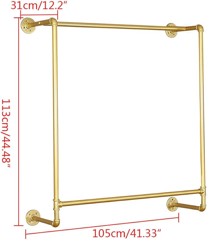 Gold Wall Mounted Clothes Rack, Industrial Pipe Garment Rack Hanging Rod Bar for Closet Storage,Laundry Room Up to Max Load 110lbs