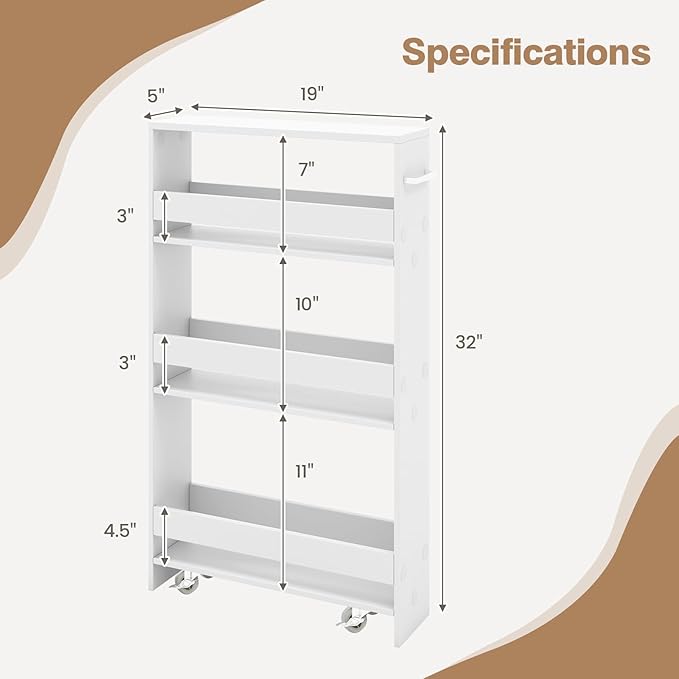 Slim Storage Cart, 4 Tier Narrow Storage Cabinet Between Washer and Dryer, 4 Universal Wheels w/Convenient Handle, Modern Skinny Bathroom Cart for Kitchen, Bathroom, Laundry Room (White)