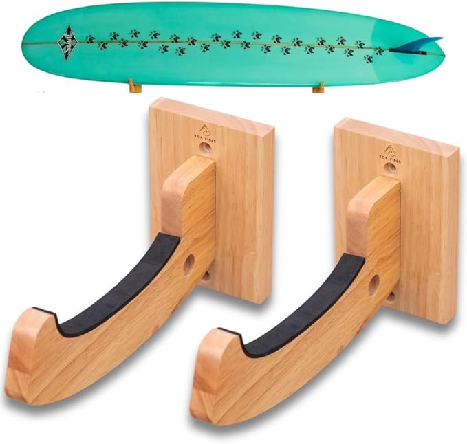 Wood Surfboard Wall Mount and Snowboard Mount - Versatile Heavy Duty Surfboard Holder, Wakeboard Mount, Longboard Skateboard Rack - Extra Hole to Hang Accessories
