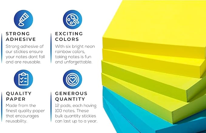 Sticky Notes 3x3 in (12 Pads) Bright Colored Super Self Sticky Pads - 100 Sheets/Pad - Easy to Post for School, Office Supplies, Desk Accessories
